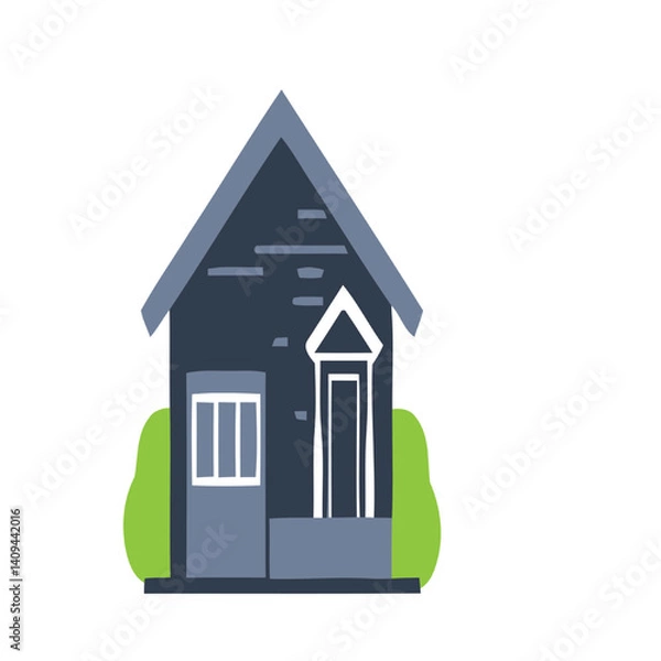 Obraz Winter house with Christmas decoration. Exterior with festive wreath and mistletoe, traditional Christmas home decor. Flat vector illustration isolated on white background