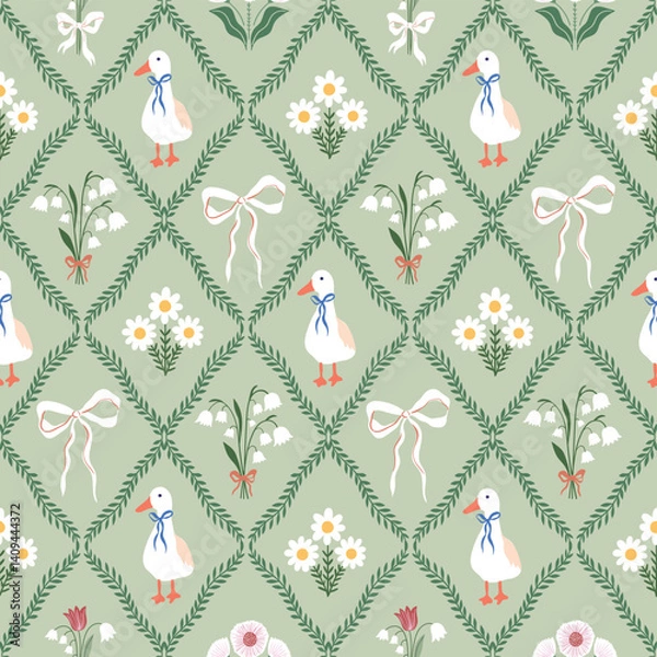 Fototapeta Spring and summer seamless pattern with goose, lily-of-the-valley and bows, vintage floral wallpaper, charming background