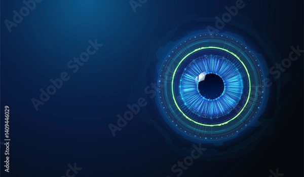 Fototapeta Biometrics Authentication Hud Overlay Over Eye Pupil. Abstract low poly art on computer vision and artificial intelligence technology in security industry concept by wireframe mesh on blue background