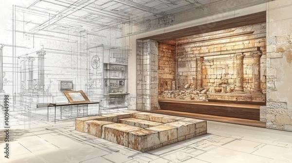 Fototapeta Architectural Visualization of Interior Design with Historical Artifacts
