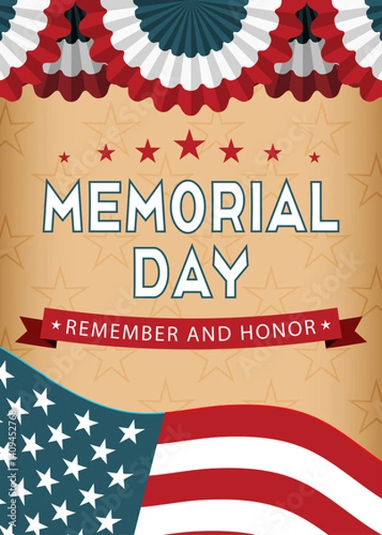 Fototapeta Memorial Day background with US national flag, stars and stripes. Template for Memorial Day invitation, greeting card, banner. Remember and honor.