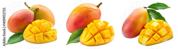 Fototapeta Freshly cut and a whole of mango with leaves isolated on transparent background