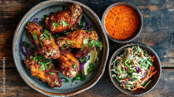 Obraz Crispy Fried Chicken Wings with Coleslaw and Sauces, Top View, Dark Background, Copy Space