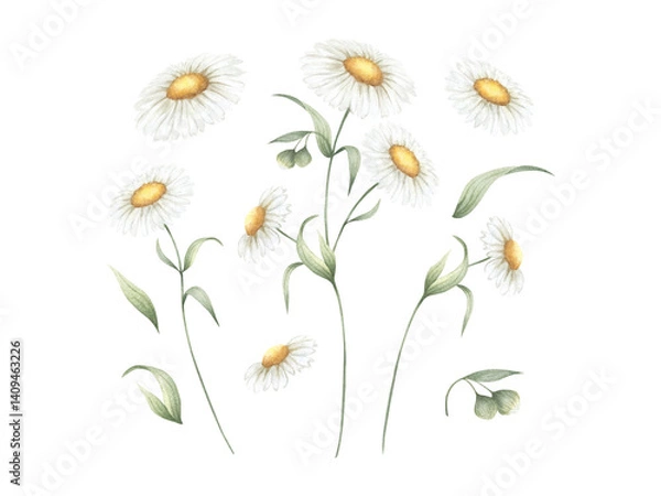 Fototapeta Chamomile wildflower with three flowers, buds and green leaves. Hand drawn floral watercolor isolated illustration set of field plant. Sketch of meadow flower for fabric print, packaging and postcard