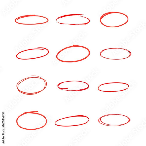 Obraz red pen drawn marks, red circle set, illustation vector.