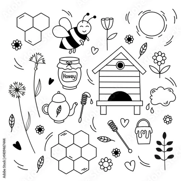 Fototapeta Apiary with Honey, honeycomb, cute bee, tea, mead, glass jar, spoon, beehive, wild flowers, leaves. Hand drawn vector doodle on isolated background in line art style. Food and drinks. Design for card