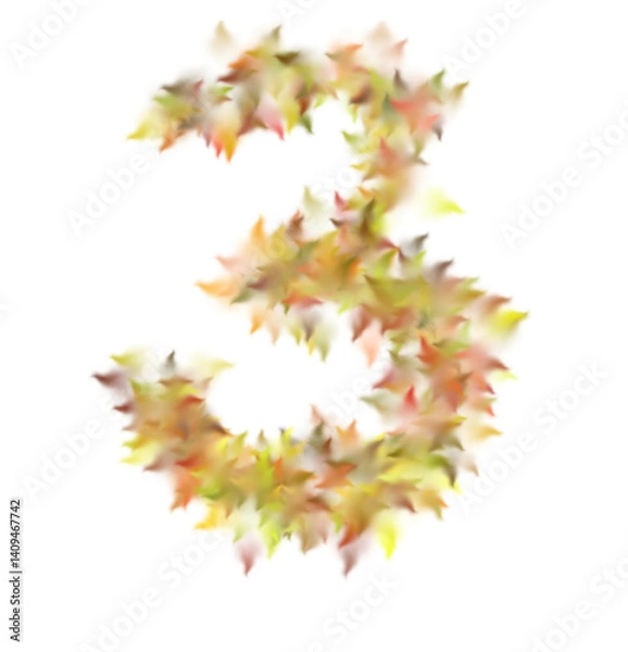 Fototapeta Digit 3 Formed by Autumn Leaves, Soft Focus, Warm Colors, Isolated Background