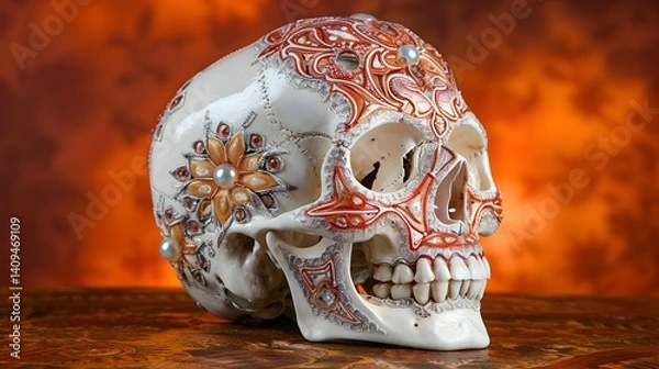 Fototapeta Ornate skull with vibrant patterns