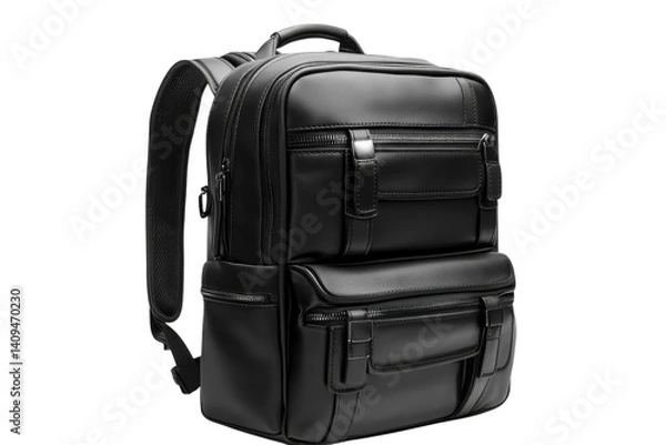 Fototapeta Sleek black leather backpack perfect for professional travel stylish on transparent background