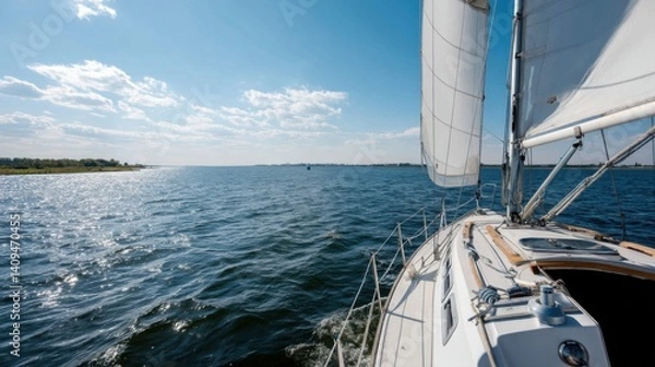 Fototapeta View of sailboat on water with sails up under a blue sky on a sunny day sailing on the open water