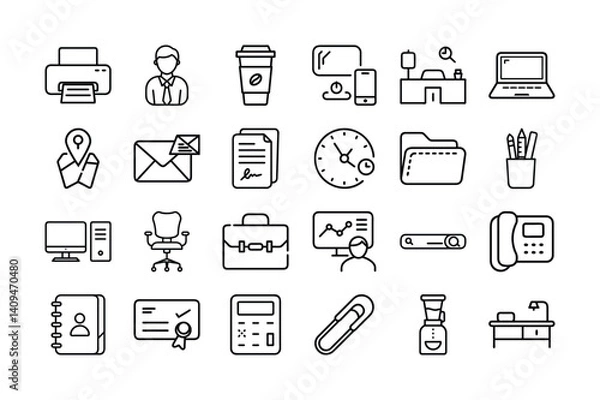 Obraz Office & Workplace Icon Set – Business, Communication, Work Tools, Productivity Symbols

