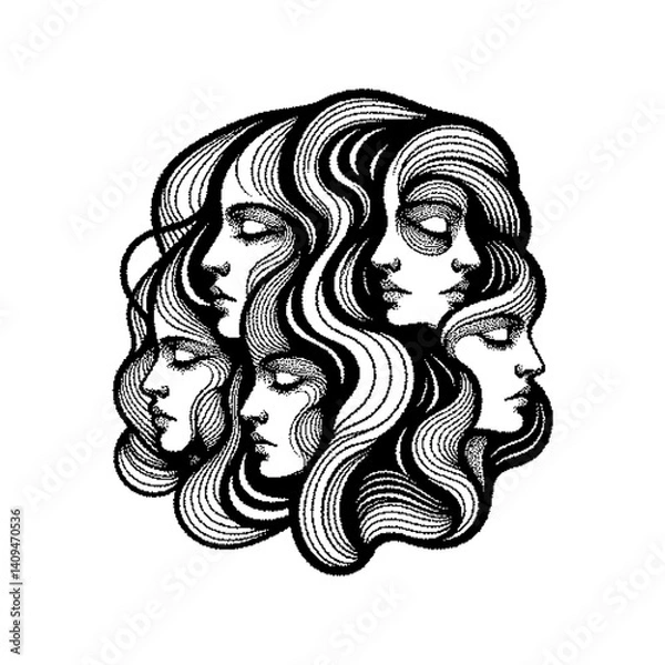 Fototapeta Illustration of multiple abstract female faces in an organic, flowing style.
