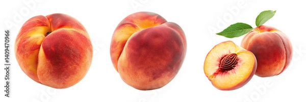 Fototapeta set of a whole and a slice of peaches isolated on transparent background png