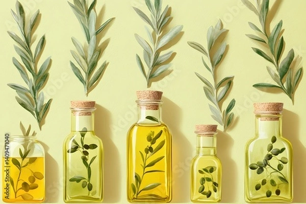 Fototapeta Olive Oil Bottles with Branches Still Life
