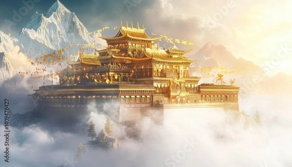 Fototapeta Majestic Monastery Amidst Cloud-Veiled Peaks: An Ethereal Architectural Vista