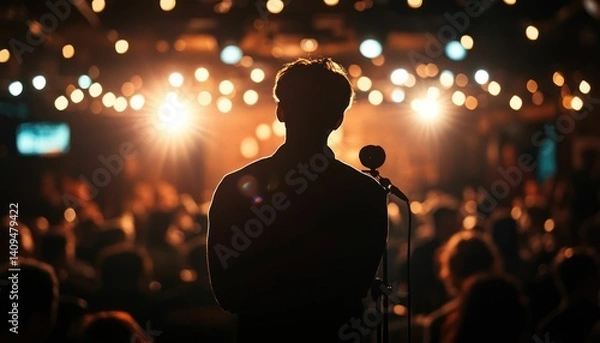 Fototapeta Silhouette of a performer addressing a lively audience under dynamic lighting setup