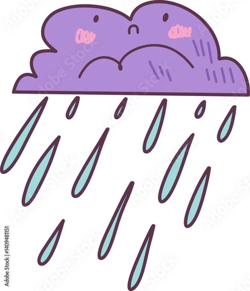 Fototapeta Kawaii sad crying cloud on transparent background. Good for scrapbooking, prints, patterns, children posters.