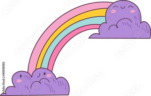 Fototapeta Kawaii smiling clouds with rainbow on transparent background. Good for scrapbooking, prints, patterns, children posters.