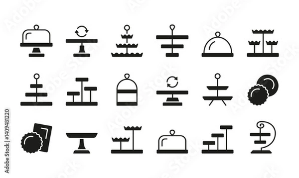 Fototapeta Cake stand filled solid icon set. Dessert display plate. Wedding tableware