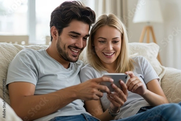 Fototapeta Happy young couple relaxing together on sofa while searching the internet on smart phone.