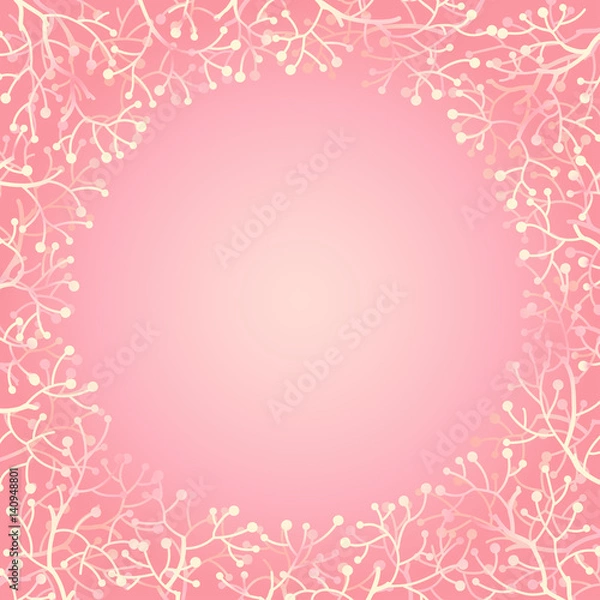 Fototapeta Round frame with abstract branches and berries in soft pink colors. Can be used for greeting cards, weddings and invitations. Vector colored sketch illustration.