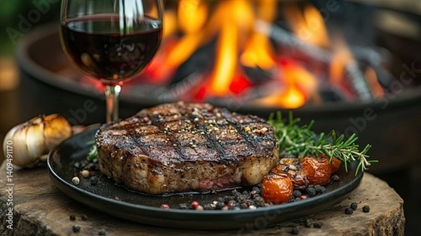 Fototapeta Grilled steak on a plate with wine and oil, surrounded by an outdoor BBQ with fire and cooked meat in the background. 