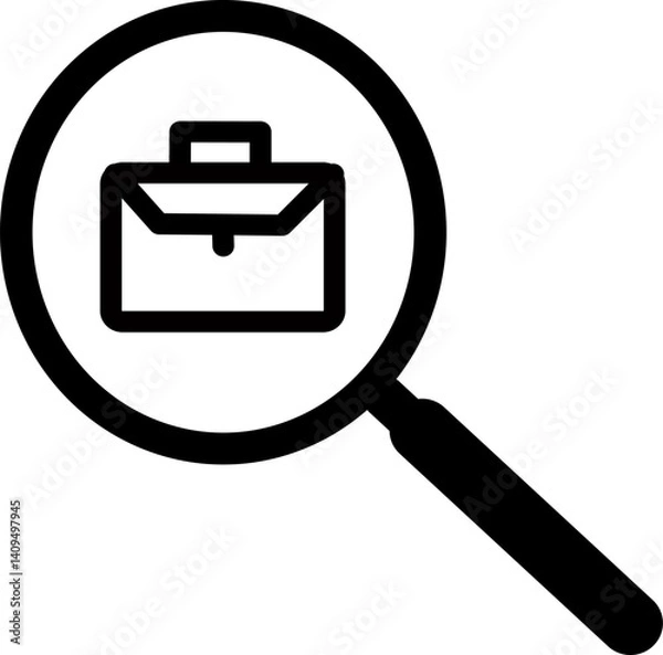 Fototapeta Search job vector icon. Magnifying glass and briefcase simple icon. Vector graphics and not AI. Symbol, logo illustration. 
