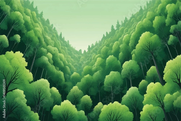Fototapeta Green forest filled with the abundance of nature Ecological friendly environment concept View up to the top of the green trees
