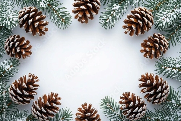 Fototapeta Christmas background with fir branches, cones and snow. Top view with copy space