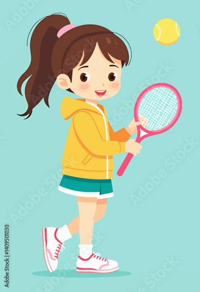 Obraz Cartoon girl with tennis racket and yellow ball