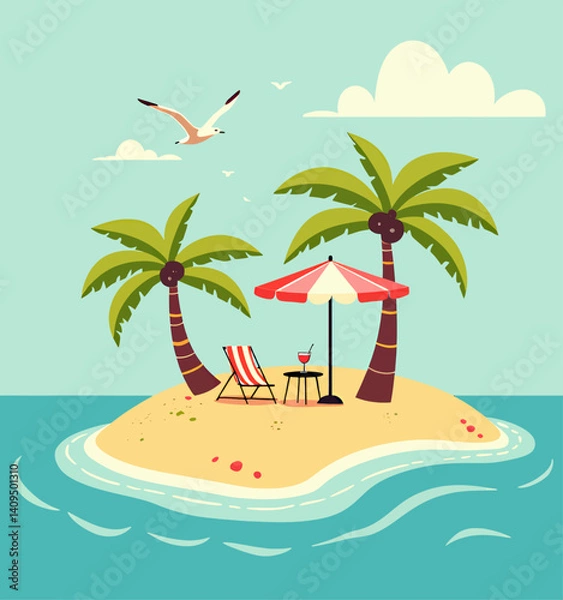 Obraz Cartoon island with palm trees, beach chair, and cocktail