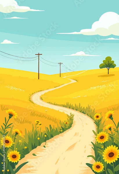 Obraz Cartoon landscape with sunflowers, dirt path, and telephone poles