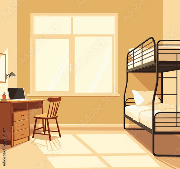 Obraz Dorm room with bunk bed, desk, and laptop in warm tones
