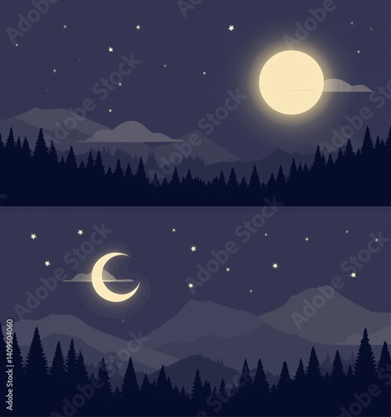 Obraz Full Moon and Crescent Moon Forest Night Scenery