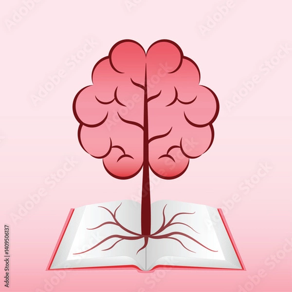 Obraz Surreal illustration of a brain-shaped tree growing from an open book, symbolizing learning, creativity, and mental growth. Ideal for education, creativity, or mental health themes.