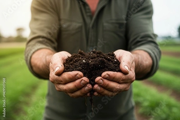 Obraz Farmer holding soil in hands close-up. Farmers' experts check soil conditions before planting seeds or seedlings. Business idea or ecology environmental concept Farmer holding soil in hands close-up. 
