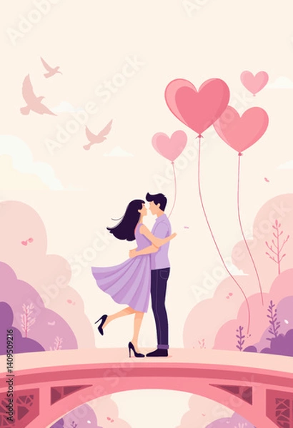 Obraz Romantic couple embracing with heart balloons on bridge