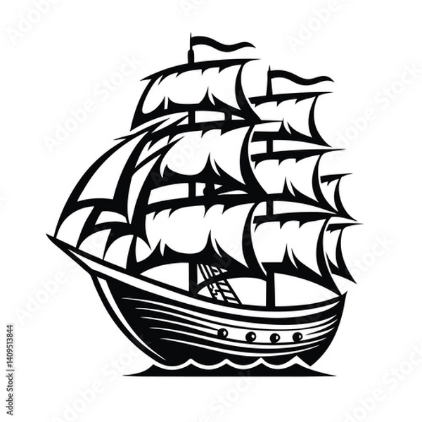 Obraz Silhouette of a Galleon Ship With Full Sails and Rigging, Isolated on White BG