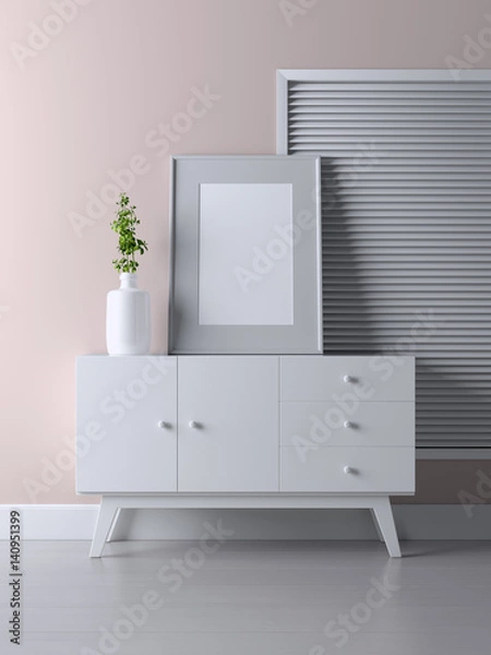 Fototapeta Blank frame poster mock up on the bureau in the interior. 3d rendering