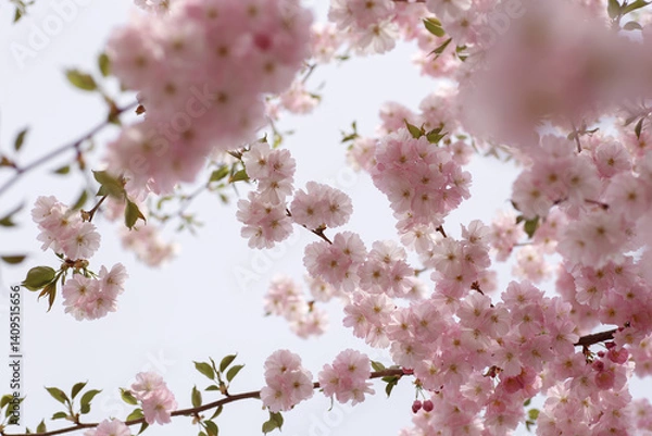 Obraz Japanese cherry or Prunus serrulata blooming branches closeup with on a blue sky background. Horizontal spring nature photography. Flower postcard