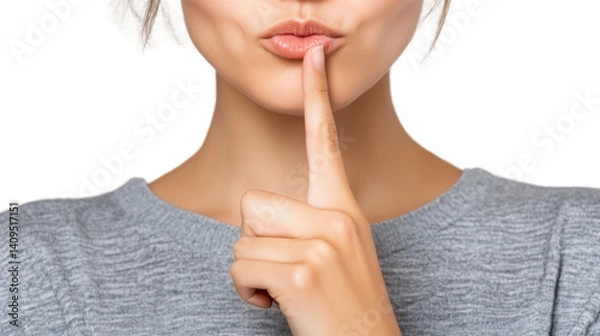 Fototapeta Shush Moment: A close-up shot of a woman with her index finger pressed to her lips, symbolizing silence, secrecy, or a request for quiet.