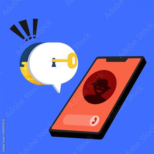 Obraz Phone bank scammer. Extortion money from credit debit card, protecting swindle attack on call or online banking app, financial fraud mask vector illustration. Online crime concep