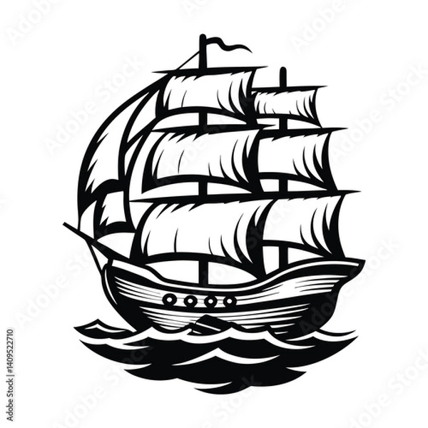 Fototapeta Monochrome Silhouette Fullrigged Sailing Ship on Ocean Waves in Black and White