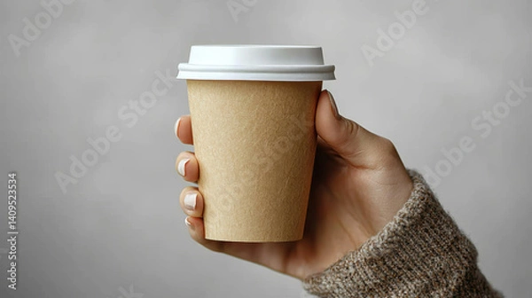 Obraz hand holding paper coffee cup with white lid against neutral background, showcasing simple and minimalist design. focus is on cup, highlighting its eco friendly material