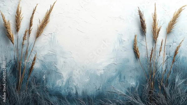 Obraz serene abstract painting features textured blue and white background with golden wheat stalks, evoking sense of calm and nature