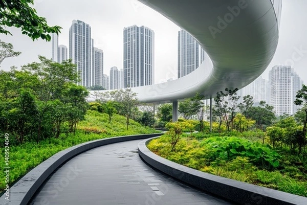 Fototapeta Green eco architecture cityscape. futuristic urban park surrounded by white skyscrapers and abundant greenery, set in a clean, minimal background with room for copy. AI vision.