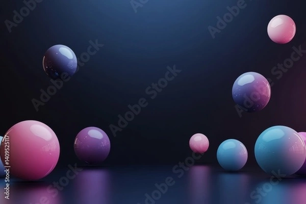 Fototapeta minimalist 3D background with simple, floating spheres and balls in gradient colors, set against a dark, sleek background with space for text