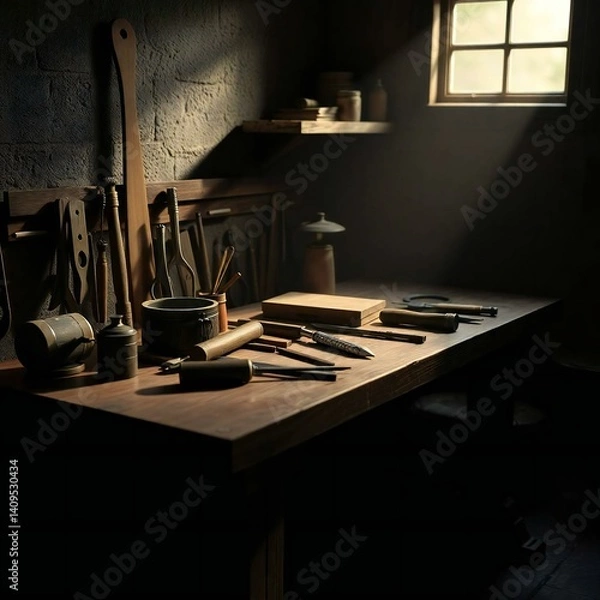 Obraz 3D rendering of a workbench with artisan tools, depicted in a moody style with gentle soft light