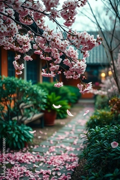 Obraz A cinematic garden scene in warm terracotta and cool teal, featuring delicate cherry blossoms