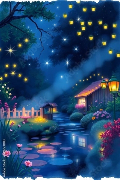 Obraz A color sketchnote of a magical nighttime garden scene showing volumetric lighting effects